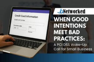 Person entering credit card information into an online form on a laptop, highlighting insecure data collection practices that violate PCI DSS standards.